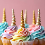 Colorful unicorn cupcakes with pastel rainbow swirls of frosting and golden fondant horns, displayed on a wooden board against a pink background