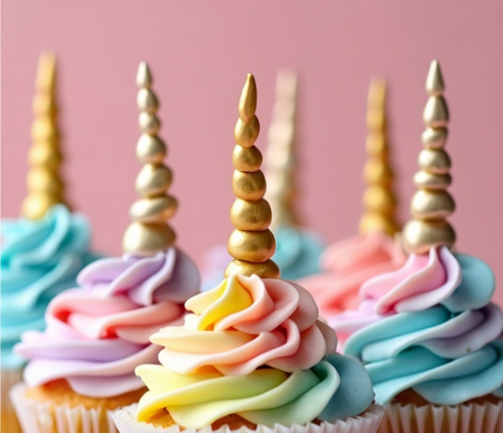 Colorful unicorn cupcakes with pastel rainbow swirls of frosting and golden fondant horns, displayed on a wooden board against a pink background