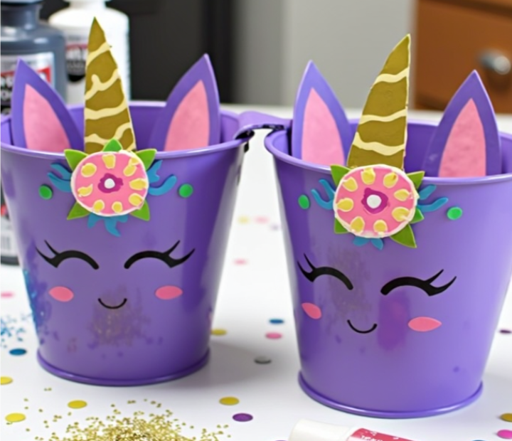 Two purple unicorn-themed mini buckets decorated with painted faces, golden horns, and pink ears, surrounded by glitter, markers, and crafting supplies on a table