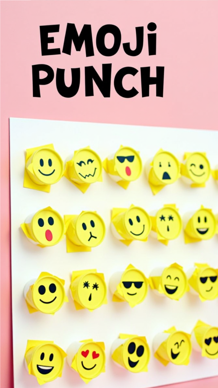 DIY Emoji Punch Board Game with yellow tissue-covered cups featuring different emoji faces, mounted on a board for a fun kids' birthday party activity