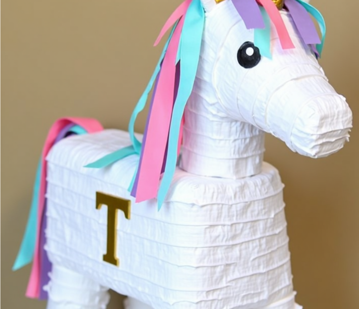 DIY unicorn piñata with a white fringed body, pastel pink, blue, and purple mane, gold-painted horn and hooves, and a letter 'T' decoration on the side