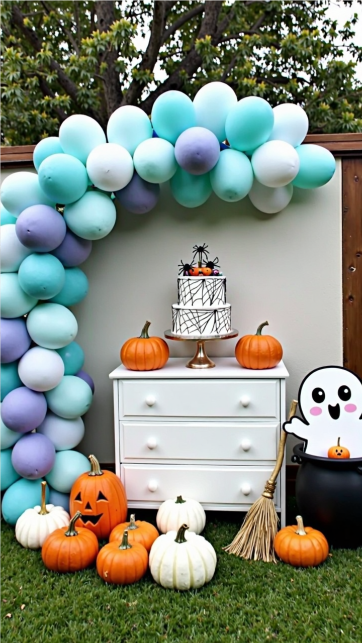 Halloween baby shower setup featuring a pastel balloon arch over a white dresser with a spiderweb cake, mini pumpkins, a ghost cutout in a cauldron, and a broomstick 