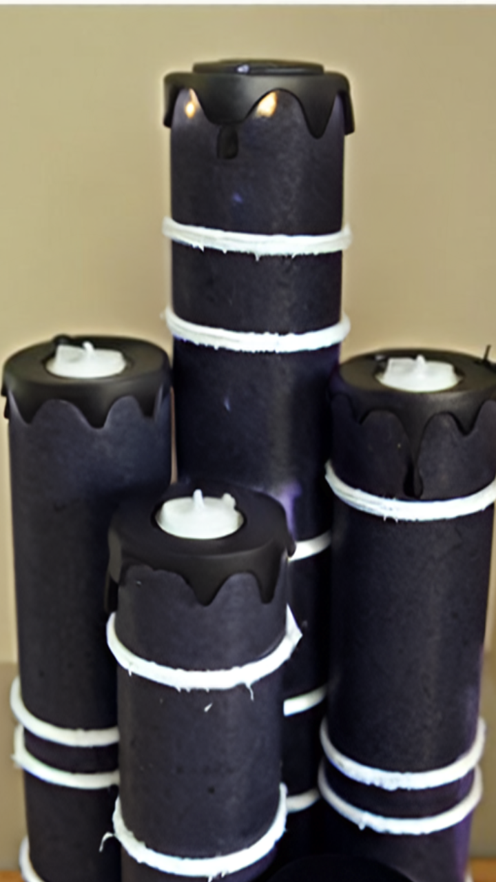 DIY spooky pool noodle candles with a melted wax effect, painted black and topped with LED tea lights for a gothic Halloween decoration