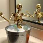 Gold skeleton sitting in a small metal tub filled with faux bubbles