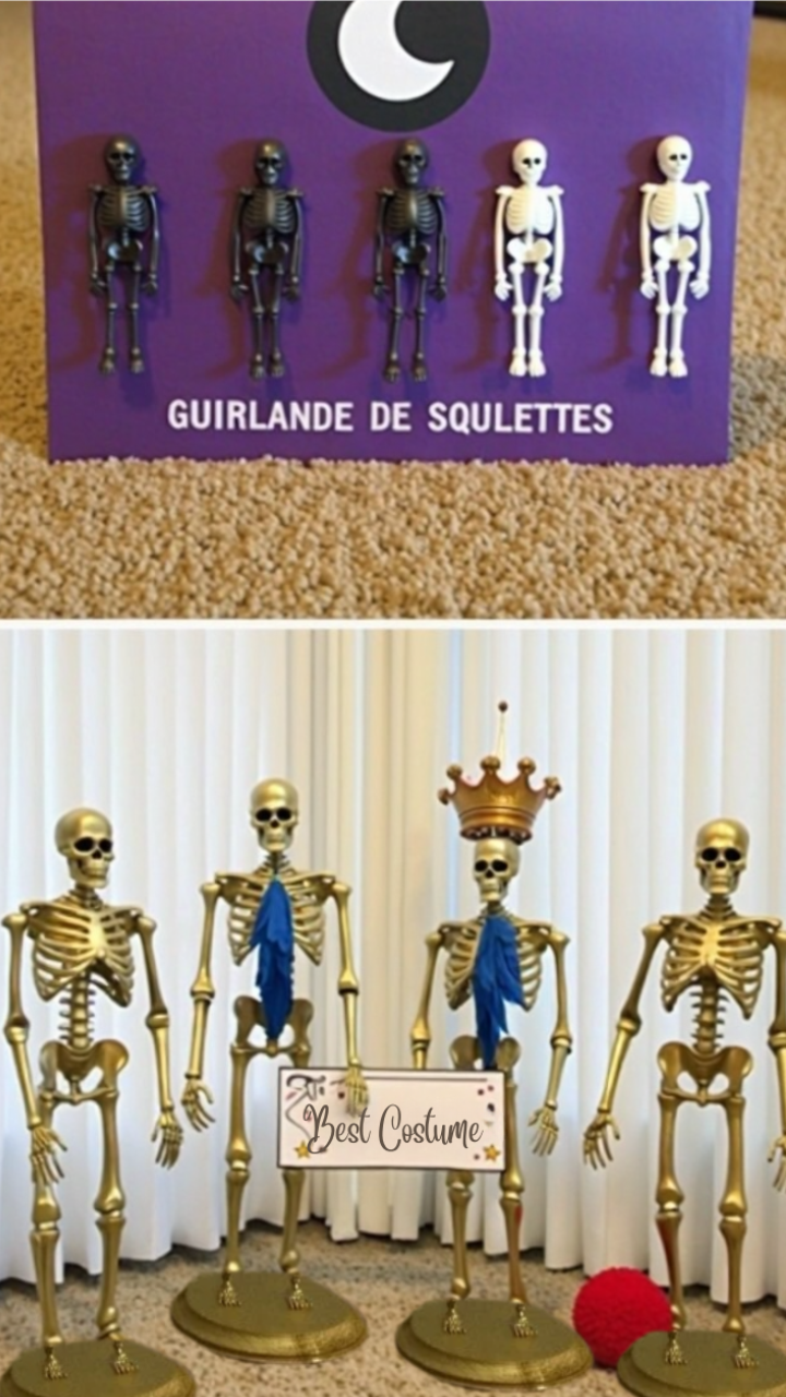 DIY Halloween skeleton trophies featuring gold-painted skeletons with blue sashes and a crown, standing on wood plaques, with a 'Best Costume' sign