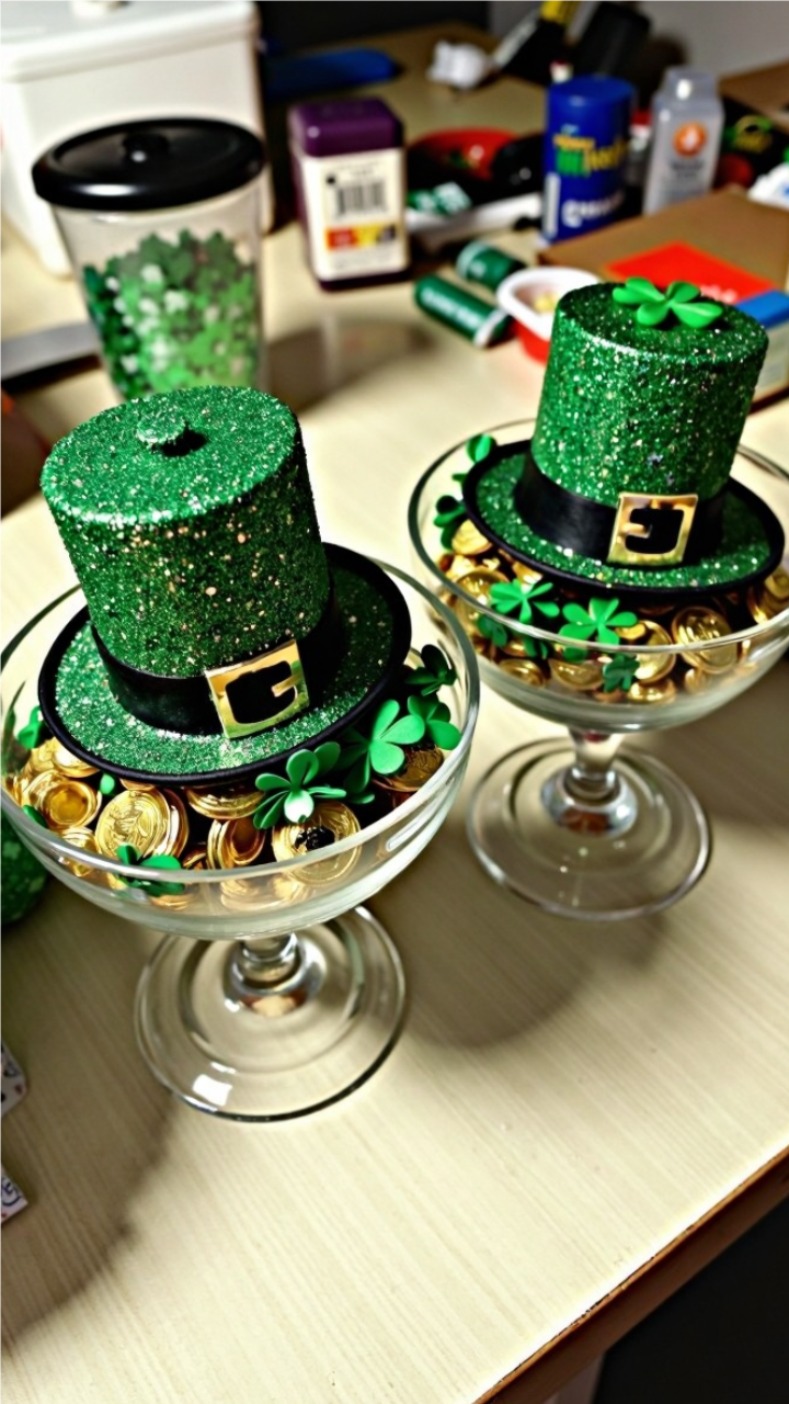 Festive St. Patrick's Day table centerpiece featuring glittery leprechaun hats, gold coins, and shamrocks in glass bowls