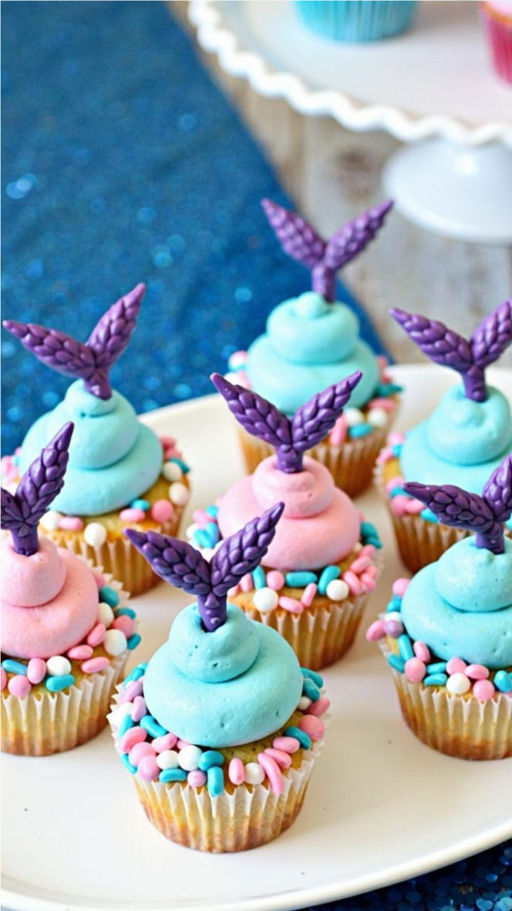 Mermaid-themed cupcakes decorated with pastel blue and pink frosting, topped with purple mermaid tail toppers and surrounded by colorful candy sprinkles on a white serving plate