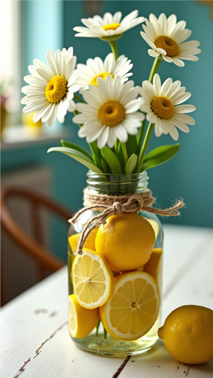 Rustic mason jar vase filled with fresh lemons and white daisies, tied with twine, placed on a farmhouse-style table.