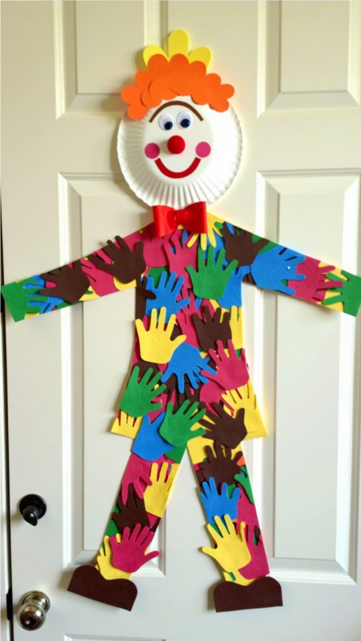 A colorful DIY handprint clown craft made from cut-out paper hands in various colors. The clown has a paper plate face with googly eyes, a red nose, a big smile, curly orange hair, and a small yellow crown