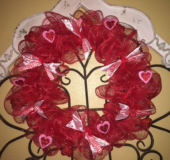 Valentine's heart shaped deco mesh wreath - I used a tinsel