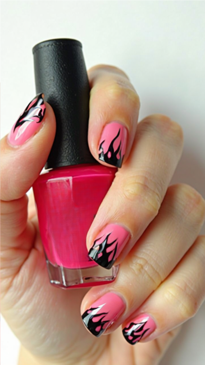 Pink nails with black flame nail art