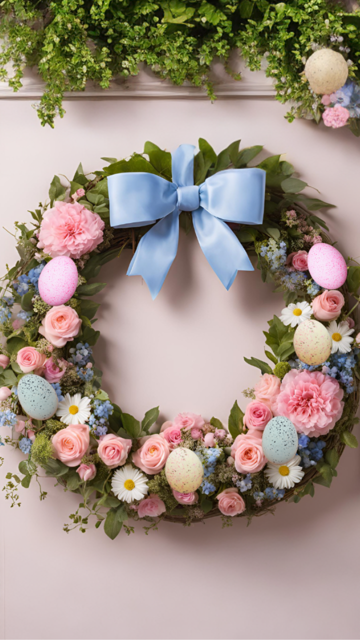 DIY Easter wreath with pastel flowers and decorative eggs