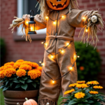 A festive Halloween scarecrow with a carved jack-o'-lantern head, wearing a burlap outfit and a brown hat, standing in front of a brick house. The scarecrow is decorated with glowing string lights and holding a small lantern. Surrounding it are pumpkins in shades of orange and white, along with potted marigold and daisy flowers